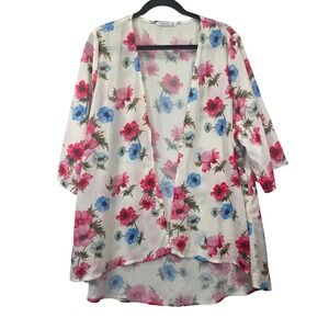 Pinkmilly Floral Kimono Cardigan XL White Pink Blue Poppy Open Front Chiffon Top
